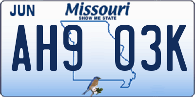 MO license plate AH9O3K