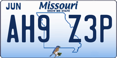MO license plate AH9Z3P
