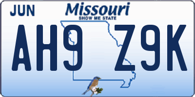 MO license plate AH9Z9K