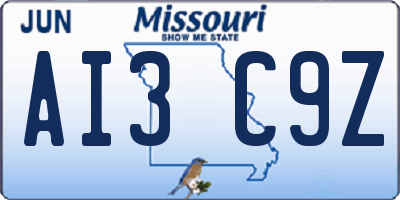 MO license plate AI3C9Z