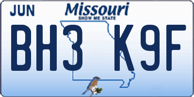 MO license plate BH3K9F