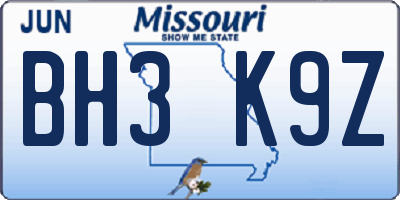 MO license plate BH3K9Z