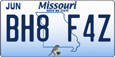 MO license plate BH8F4Z