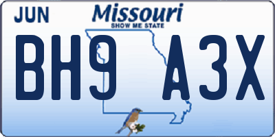 MO license plate BH9A3X
