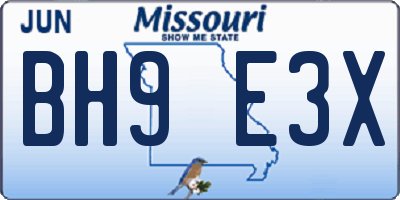 MO license plate BH9E3X