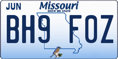 MO license plate BH9F0Z