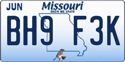 MO license plate BH9F3K