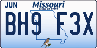 MO license plate BH9F3X