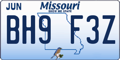 MO license plate BH9F3Z