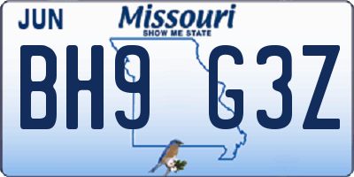 MO license plate BH9G3Z