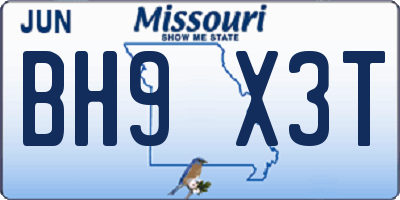 MO license plate BH9X3T