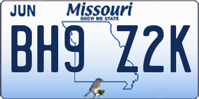 MO license plate BH9Z2K