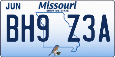 MO license plate BH9Z3A
