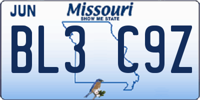 MO license plate BL3C9Z
