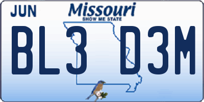 MO license plate BL3D3M