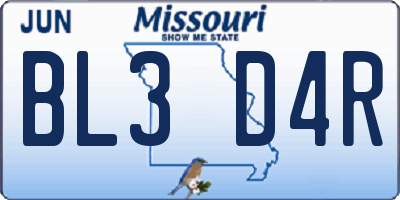 MO license plate BL3D4R
