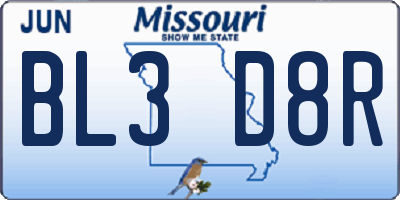 MO license plate BL3D8R