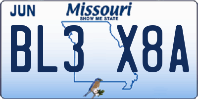 MO license plate BL3X8A