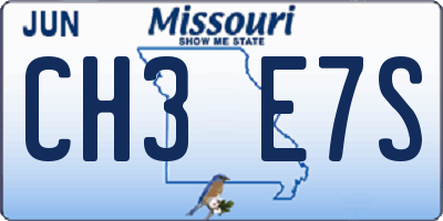 MO license plate CH3E7S