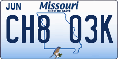 MO license plate CH8O3K