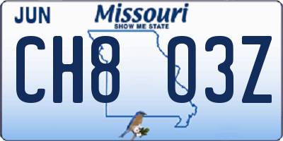 MO license plate CH8O3Z