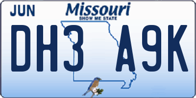 MO license plate DH3A9K