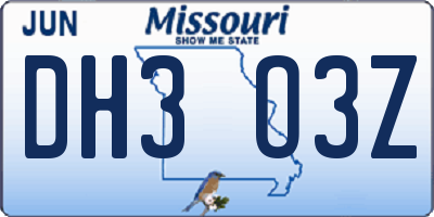 MO license plate DH3O3Z