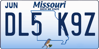 MO license plate DL5K9Z