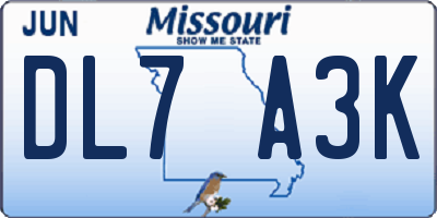 MO license plate DL7A3K