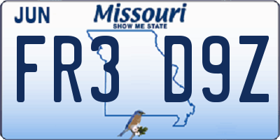 MO license plate FR3D9Z