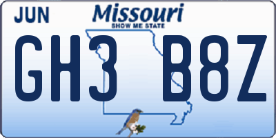 MO license plate GH3B8Z