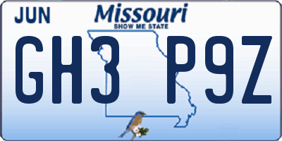 MO license plate GH3P9Z
