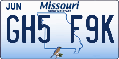 MO license plate GH5F9K