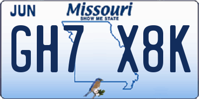 MO license plate GH7X8K