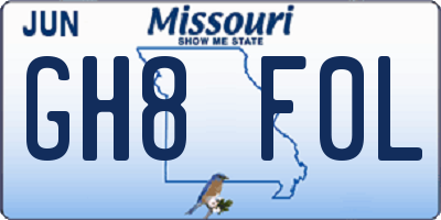 MO license plate GH8F0L