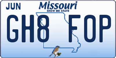 MO license plate GH8F0P