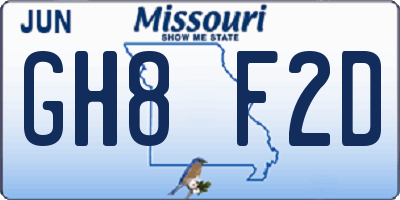 MO license plate GH8F2D