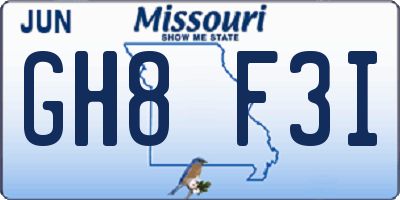 MO license plate GH8F3I
