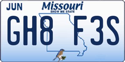 MO license plate GH8F3S