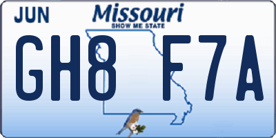 MO license plate GH8F7A