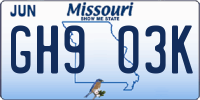 MO license plate GH9O3K