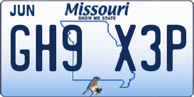 MO license plate GH9X3P