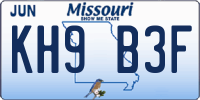 MO license plate KH9B3F