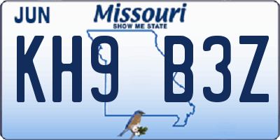 MO license plate KH9B3Z