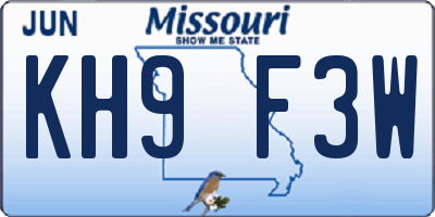 MO license plate KH9F3W