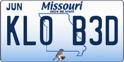 MO license plate KL0B3D