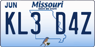 MO license plate KL3D4Z