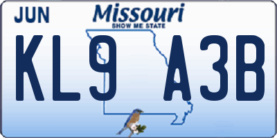MO license plate KL9A3B