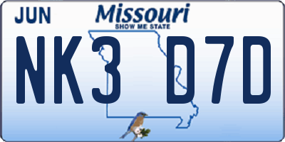 MO license plate NK3D7D