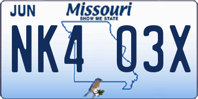 MO license plate NK4O3X